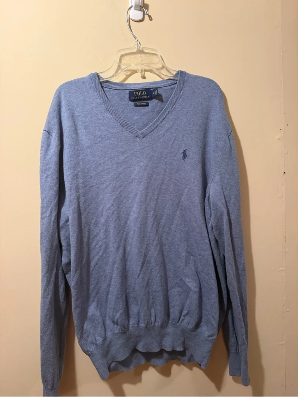 Polo by Ralph Lauren Men’s Light Blue V-Neck Pima Sweater Soze Medium